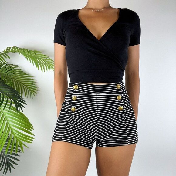Vintage Y2K Black Striped Classy High Waisted Twee Sailor Booty Shorts / Size: S - Picture 4 of 5